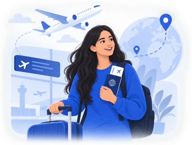 A woman with luggage, a passport and a boarding pass ready to begin her journey